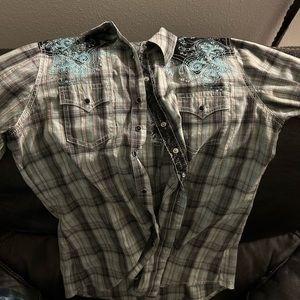 Women’s medium Wrangler Rock 47 button down rodeo shirt turquoise w embroidery